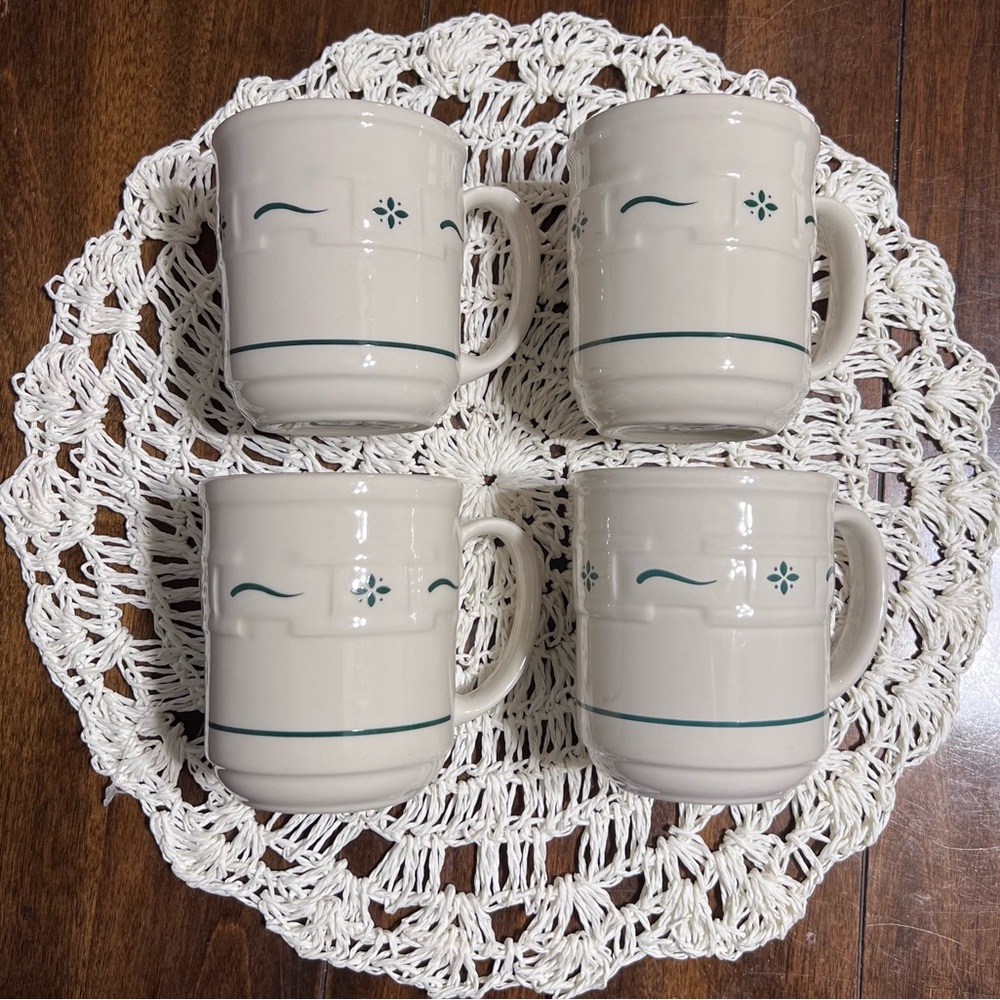 Longaberger Pottery Woven Traditions Heritage Green Coffee Mugs. Set of 4
